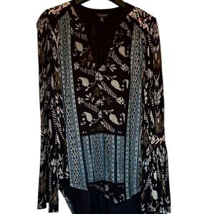Lucky Brand Black and Blue Patterned Boho Blouse
